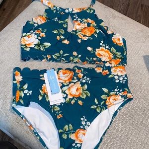 Cupshe Teal Floral High Waisted Bikini